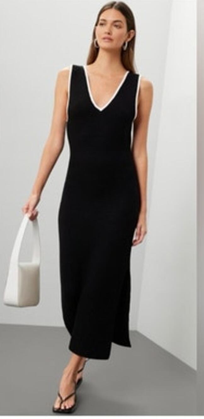 Toccin X RTR Knit Ribbed Dress White Trim Black Midi Medium